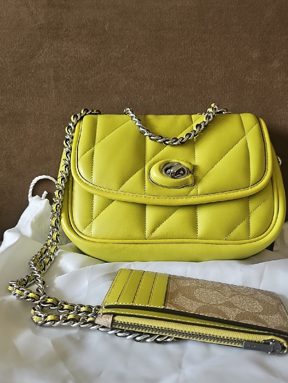 Coach Quilted Crossbody Bag in Chartreuse Yellow with Chain Strap and Card Case